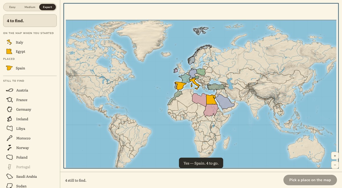 ThruLine: a world map with the places found so far in gold